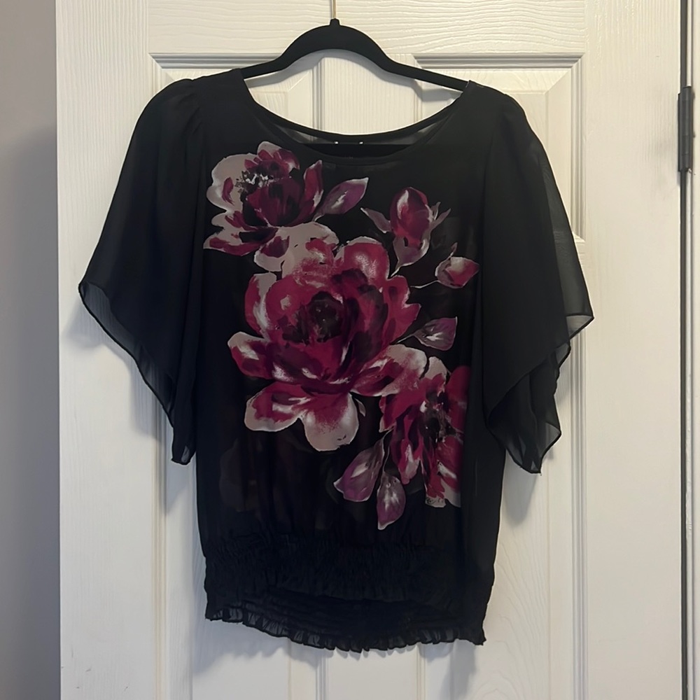 Pretty see through black blouse with flowers!